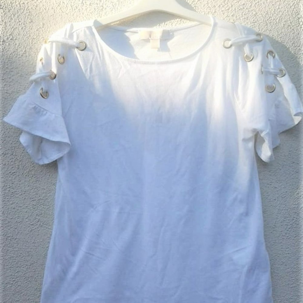 New MICHAEL KORS Small Hits at hip Crew Neckline Ruffle Sleeves White Top